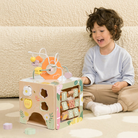 Drewniana zabawka sensoryczna Classic World Kostka Edukacyjna 5w1, rozwijająca manualne zdolności malucha.