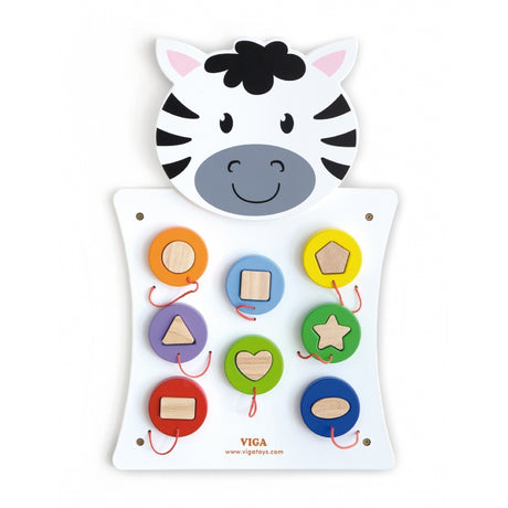 Tablica manipulacyjna Viga Toys Zebra dla rocznego dziecka, drewniana, wspomaga rozwój zdolności manualnych i logicznego myślenia.
