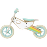 Ergonomiczny rowerek biegowy dla 2-latka z tęczowym wzorem, solidnym wykonaniem i bezpiecznymi uchwytami.