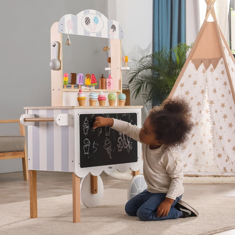 Cukiernia Viga Toys Sklep Mobilny Lodziarnia 3w1, zestaw dla małych cukierników, rozwija kreatywność i wyobraźnię.