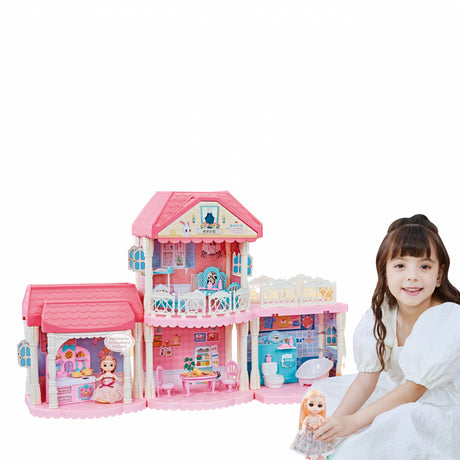 Lalka Woopie Castle Villa XXL, dwupoziomowy domek dla lalek z 4 pomieszczeniami, lalką i meblami do kreatywnej zabawy.