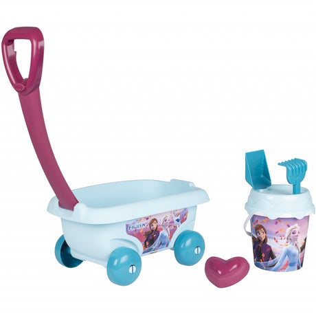 Wózek plażowy Smoby Frozen z zestawem do piasku, idealny do zabawy w piaskownicy lub na plaży, rozwija wyobraźnię dziecka.
