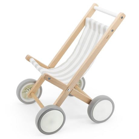 Drewniany wózek dla lalek Viga Toys Spacerówka z antypoślizgowymi kołami, idealny do bezpiecznych spacerów.