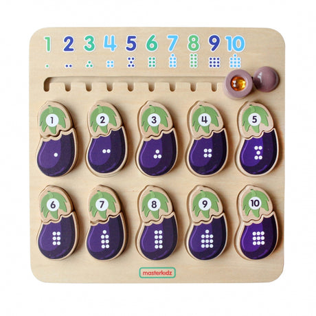 Drewniana tablica Masterkidz Bakłażan Cyfry Montessori, układanka do nauki liczb przez zabawę.