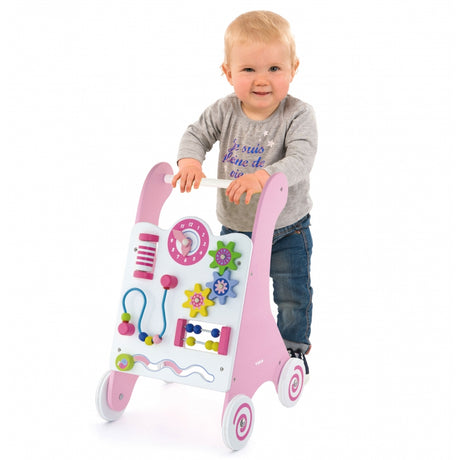 Pchacz dla dzieci Viga Toys Różowy Montessori - wspiera naukę chodzenia i stymuluje rozwój edukacyjny malucha.
