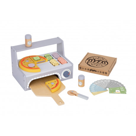 Dziecięcy drewniany piec do pizzy Tooky Toy z akcesoriami, idealny do kreatywnej, bezpiecznej zabawy i nauki.