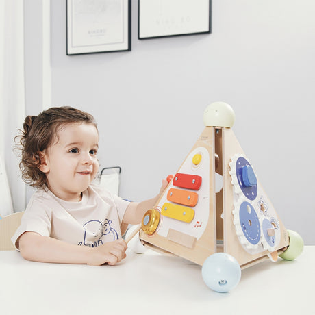 Drewniana zabawka edukacyjna 4w1, Piramida Aktywności Classic World, rozwija zdolności manualne i logiczne malucha.