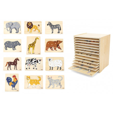 Drewniane puzzle Viga Toys, 12 układanek zwierzątka, Montessori, stojak, edukacyjna zabawka dla dzieci.
