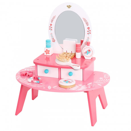 Różowa toaletka drewniana z lustrem i akcesoriami dla dziewczynki, idealna do zabaw w salon piękności.
