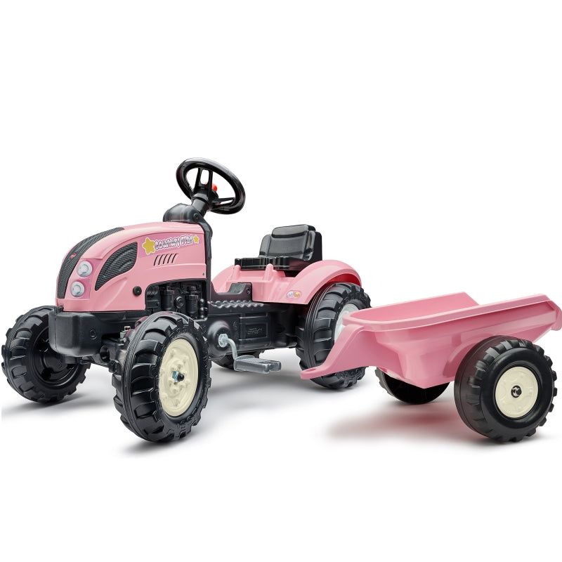 Różowy traktor dla dzieci Falk Country Star z przyczepką i klaksonem, idealny na zabawy od 2 lat.