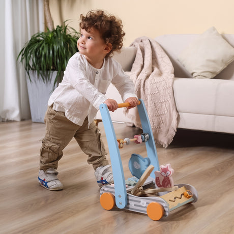 Chodzik dla dziecka Viga Toys PolarB, stabilny pchacz z drewnianą konstrukcją, kolorowe elementy rozwijające zmysły.