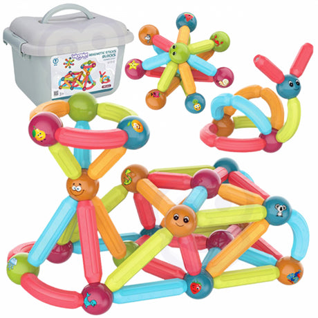 Klocki magnetyczne Woopie 76 elementów, edukacyjne i kolorowe zabawki rozwijające kreatywność i wyobraźnię, w walizce.