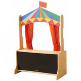 Drewniany teatrzyk dla lalek Masterkidz, sklep spożywczy, scena dla kukiełek, kreatywność i zabawa dla dzieci.