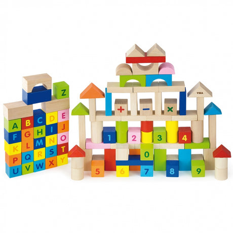 Montessori klocki konstrukcyjne 100 elementów Viga Toys - edukacyjne, drewniane cyferki i literki dla dzieci.
