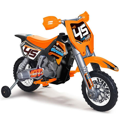 Pomarańczowy motor na akumulator 6V Feber Cross dla dzieci, prędkość do 5,3 km/h, bezpieczny i stabilny.