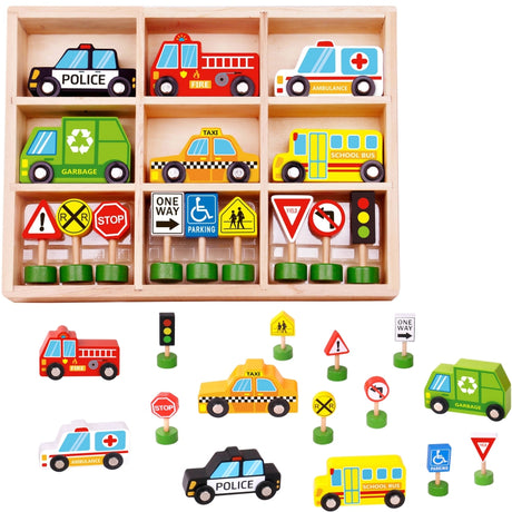 Puzzle Autostrada Tooky Toy - kolorowe elementy uczące zasad ruchu drogowego poprzez zabawę znakiem drogowym i autami dla dzieci.