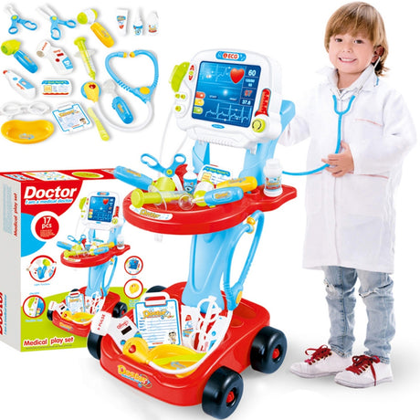 Zestaw lekarski dla dzieci Woopie Małego Lekarza z 17 elementami i wózkiem z efektami świetlnymi i dźwiękowymi.