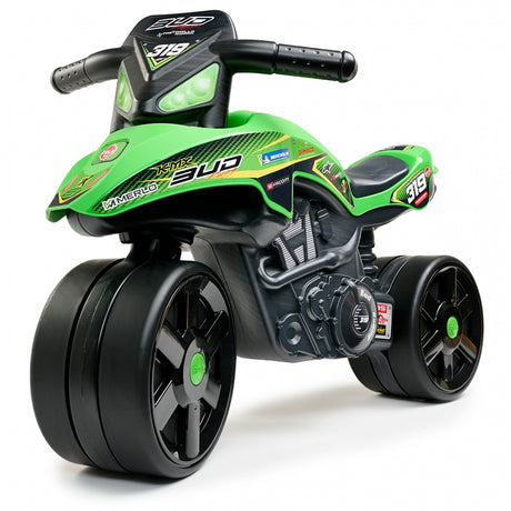 Zielony motorek Falk Racing na akumulator dla dzieci, szerokie koła, realistyczny wygląd, od 1 roku.