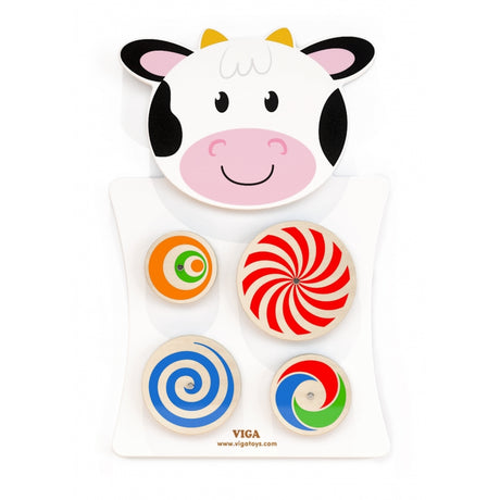 Tablica manipulacyjna Viga Toys Krówka - drewniana zabawka montessori dla dzieci rozwijająca logiczne myślenie.