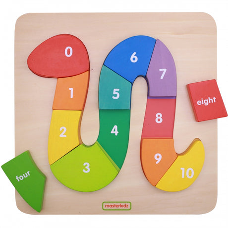 Puzzle drewniane wąż Masterkidz, zabawka edukacyjna do nauki liczenia, kolorowe segmenty z cyframi od 0 do 10.
