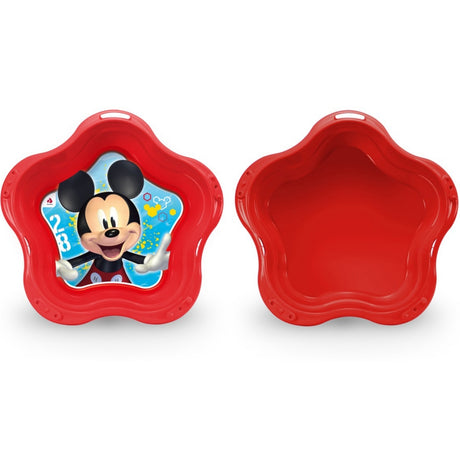 Basen piaskownica dla dzieci w kształcie muszelki z wizerunkiem Myszki Mickey, idealna do zabawy w ogrodzie.