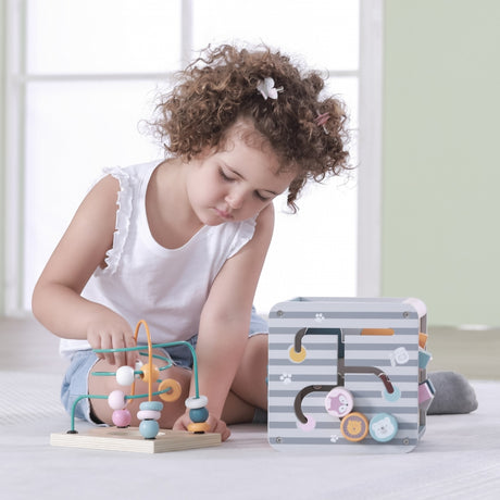 Drewniana kostka sensoryczna 5w1 Viga Toys Activity Box PolarB, rozwija dzieci poprzez zabawę, liczenie i naukę kształtów.