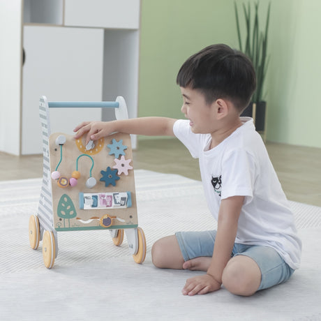 Edukacyjny drewniany chodzik dla dziecka Viga Toys, pchacz z panelem, wspiera rozwój motoryczny i poznawczy.