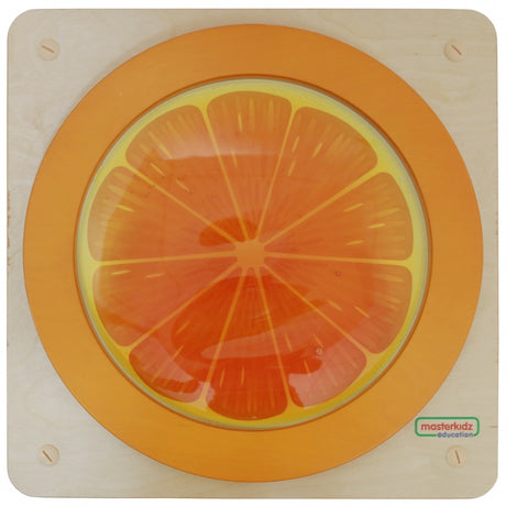 Pomarańczowa tablica manipulacyjna Masterkidz dla dzieci do treningu sensorycznego i motorycznego, z kolorowym workiem wypełnionym płynem.