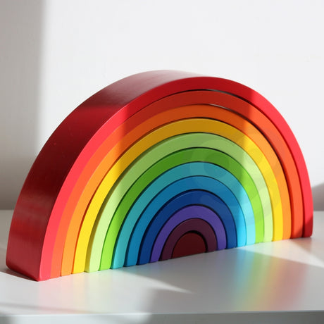 Drewniana układanka tęcza Tooky Toy Montessori, 12 kolorowych klocków rozwijających logiczne myślenie u dzieci.