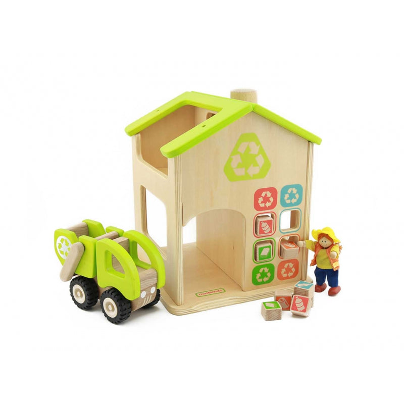 Drewniana makieta Stacji Sortowania Śmieci i Recyklingu Masterkidz z recyklingu, edukacyjna śmieciarka ekologiczna dla dzieci