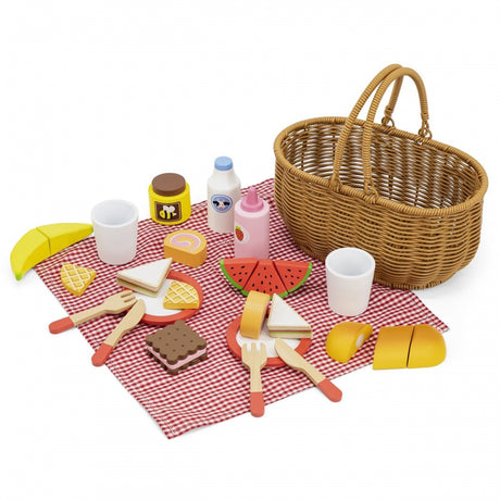 Drewniany kosz piknikowy Viga Toys, 30-elementowy zestaw do zabawy na świeżym powietrzu dla dzieci