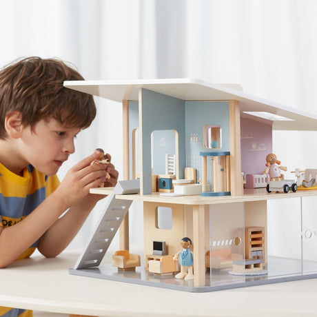 Drewniany Domek dla Lalek Viga Toys PolarB, dwupiętrowy z 5 pomieszczeniami, pobudza wyobraźnię i kreatywność dziecka.
