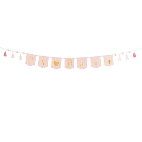 Girlanda Partydeco Oh Baby różowa, elegancka dekoracja z drewnianymi elementami i frędzelkami, idealna na przyjęcie z okazji narodzin dziecka.