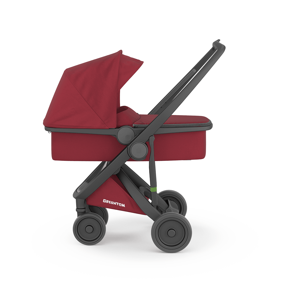 Ekologiczny wózek dziecięcy Greentom Carrycot v2.1 Black Cherry, lekki, wytrzymały, z organicznym materacykiem.