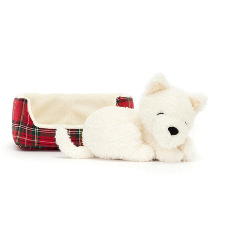 Uroczy pluszak Jellycat Napping Nipper Westie 10 cm, aksamitna maskotka w kraciastym legowisku, idealna przytulanka dla dzieci.
