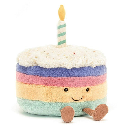 Pluszowy tort urodzinowy Jellycat Amuseable Rainbow z tęczowymi kolorami, idealny na każdą okazję.
