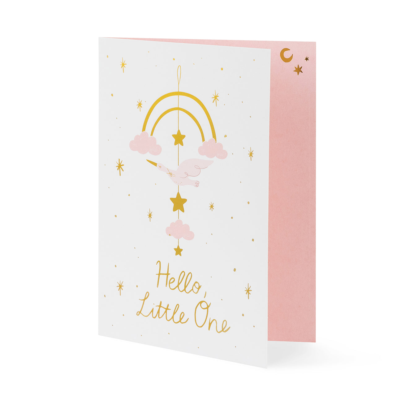 PartyDeco: una tarjeta para el nacimiento de un niño con un colgante de rosa de cigüeña