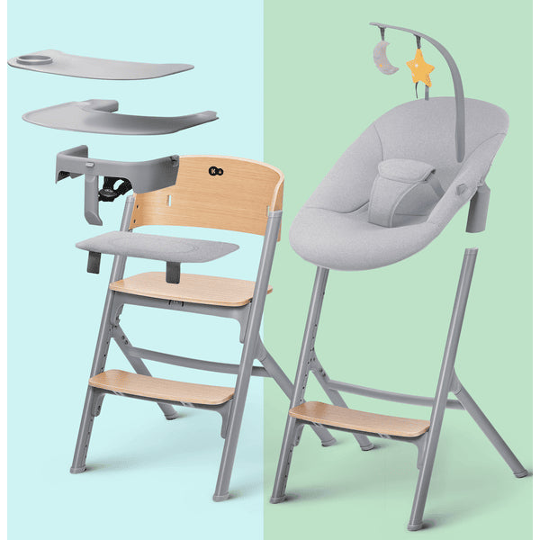 Kinderkraft: zestaw krzesełko do karmienia Livy + bujaczek Calmee Grey - Noski Noski