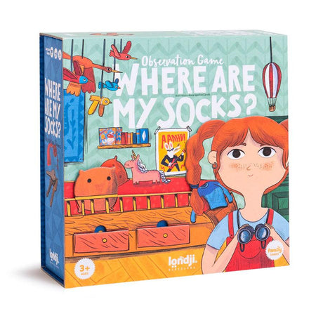 Gra Londji Where are my socks: edukacyjna gra dla dzieci rozwijająca spostrzegawczość i słownictwo, idealna na zabawy rodzinne.