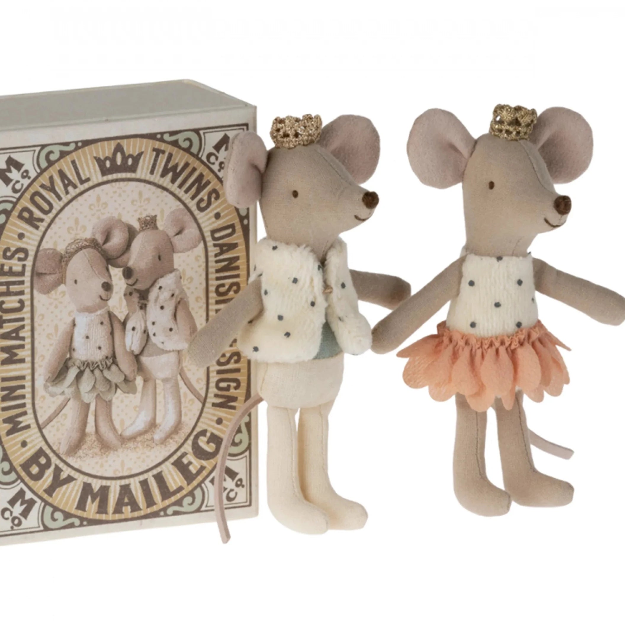 MAILEG: Миші -близнюки в Королівських близнюках Micice у коробці Matchbox 11 см