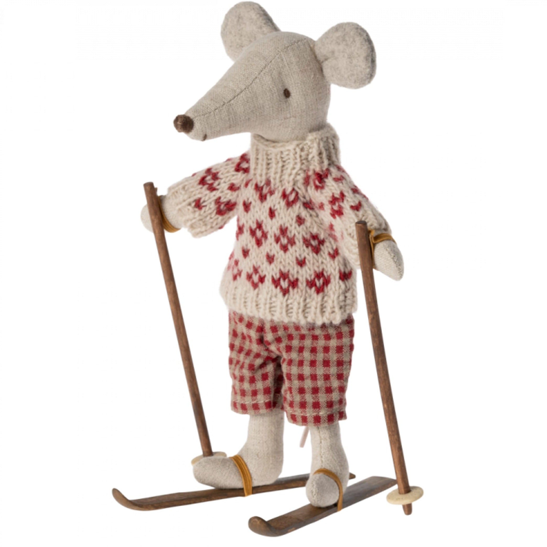 Maileg: esquís de madera con postes de ratones de mamá y papá