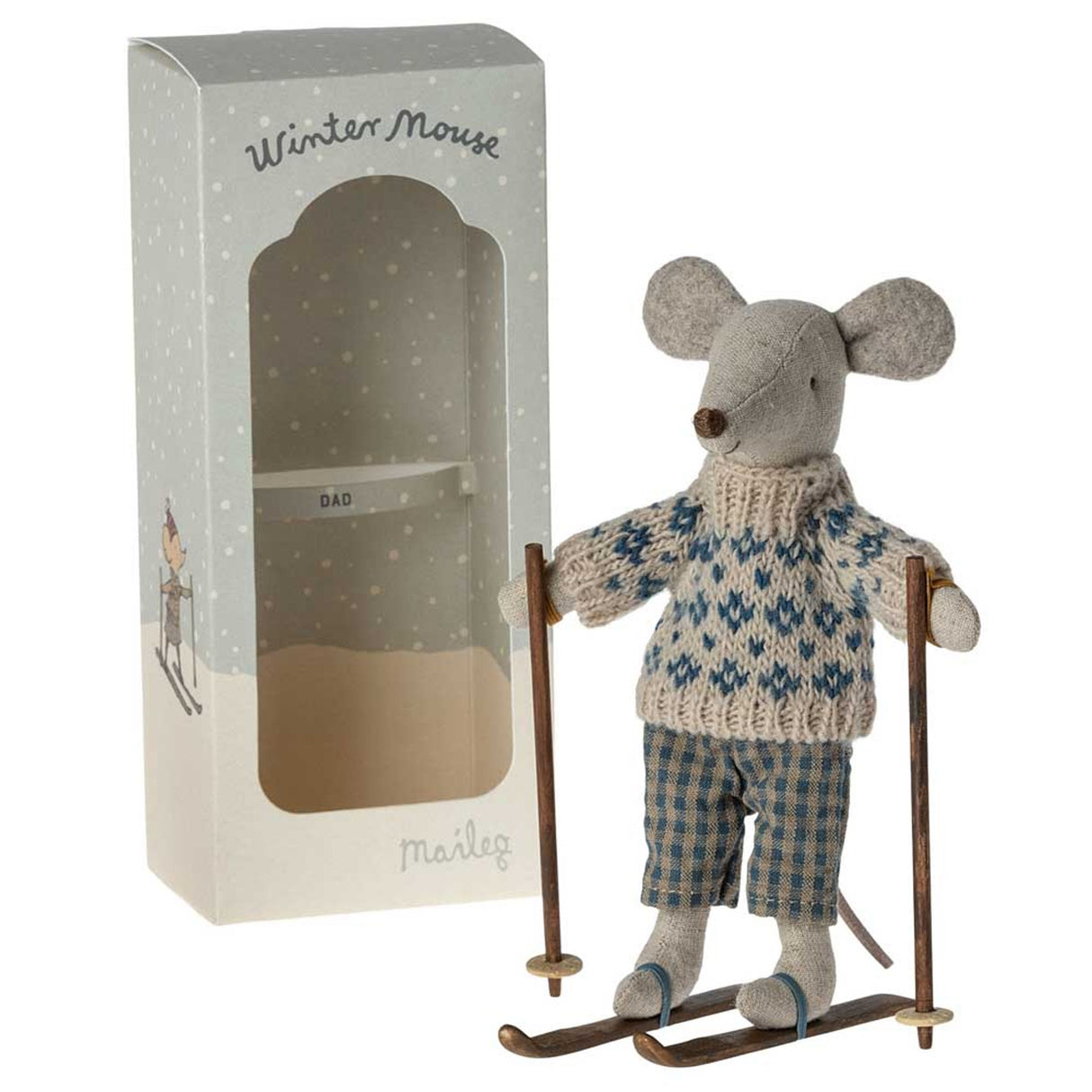 Maskotka Maileg Dad Myszka Zimowa 15 cm, narciarska mysz doskonała do zimowych zabaw i przygód dla dzieci.