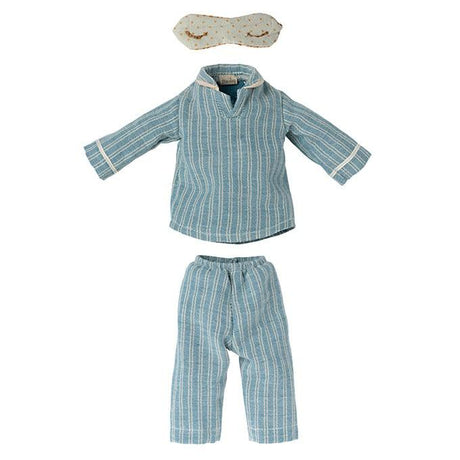 Piżamka Maileg Medium dla mamy myszki, wygodna koszula, spodnie i maska do spania na przytulne wieczory.