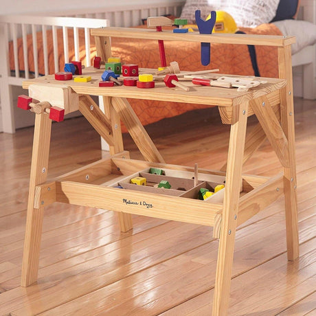 Drewniany stół warsztatowy Melissa Doug z zestawem narzędzi, 60 elementów, idealny dla kreatywnych dzieci.