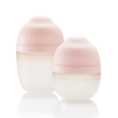 Silikonowa butelka antykolkowa Mombella 300 ml dla noworodków, z miękkim smoczkiem przypominającym pierś mamy.