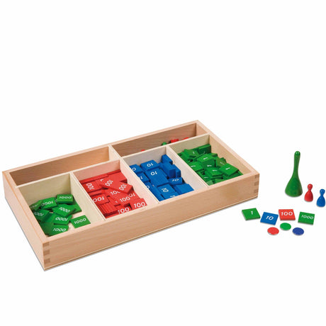 Nienhuis Montessori Stamp Game - edukacyjny zestaw do nauki matematyki z wykorzystaniem znaczków matematycznych.