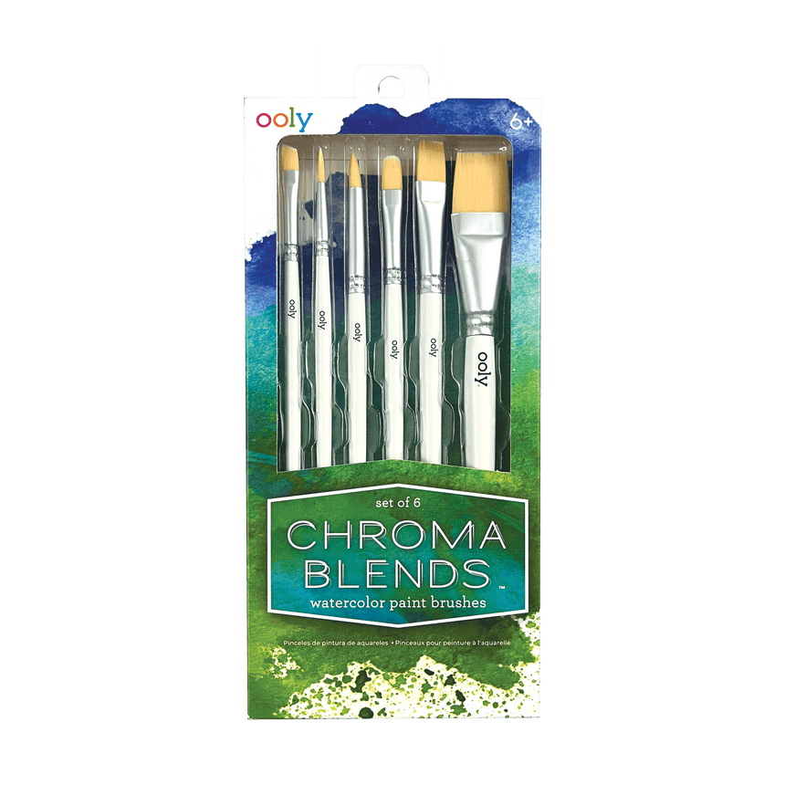 Pędzelki do akwareli Ooly Chroma Blends, okrągłe, plastikowe, ze sztucznym włosiem, zestaw 6 sztuk, idealne dla dzieci.