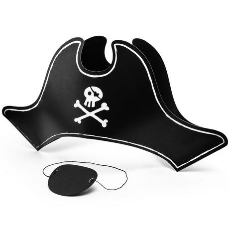 Zestaw strój pirata dla dzieci: papierowa czapka, opaska na oko - idealne na tematyczne imprezy i zabawy.