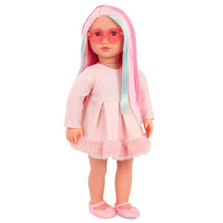 Lalka Our Generation Rosa 46 cm z różowymi włosami i zielonymi pasemkami - idealna zabawka dla dziewczynek.