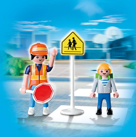Playmobil DuoPack opiekun i dzieci przechodzący przez przejście dla pieszych, kreatywna zabawa z figurkami.
